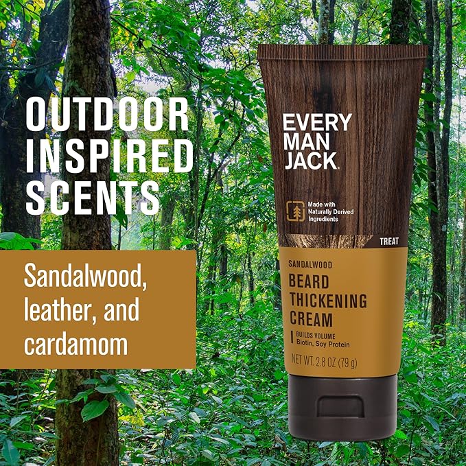 Every Man Jack Beard Thickening Cream - Strengthens Thickens Nourishes Beard - Light Sandalwood Scent - Made with Naturally Derived Ingredients like Biotin Vitamin B6 Soy Protein - 2.8oz - 2 Pack