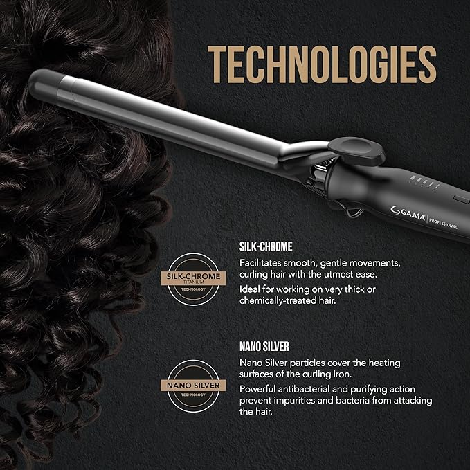GA.MA Salon Curl Silk Chrome Titanium Curling Iron for Defined Curls 0.75 Inch Barrel Quick Adjustable Heat Anti-Frizz Dual Voltage Auto Shut-Off.