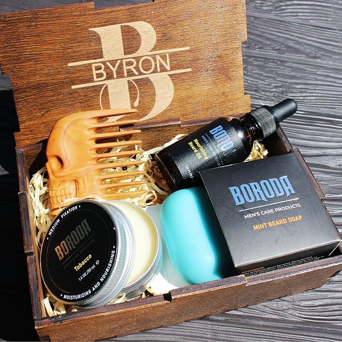 Personalized Beard Care Gift Set for Men Custom Grooming Kit with Beard Oil Balm Comb Perfect Gift for Him Beard Growth &amp Maintenance Beard Grooming Essentials Skull (Pear)