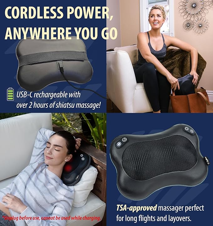 Zyllion Shiatsu Back and Neck Massager with Heat - Cordless Rechargeable 3D Electric Kneading Deep Tissue Massage Pillow with 2 Speeds for Muscle Pain Relief Black ZMA-34RB
