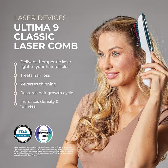 Hairmax Ultima 9 Classic LaserComb -(FDA Cleared) Laser Hair Regrowth Treatment Device for Men &amp Women - Reverses Thinning Hair Loss - Red Light Therapy to Stimulate Hair Growth - Cordless Design