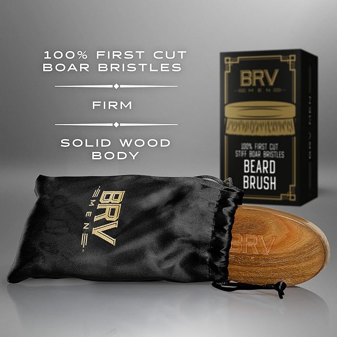 BRV MEN Facial Scissors and Beard Brush Kit | 4.2 High Carbon Stainless Steel Trim Scissors &amp First-Cut Boar Hair Brush