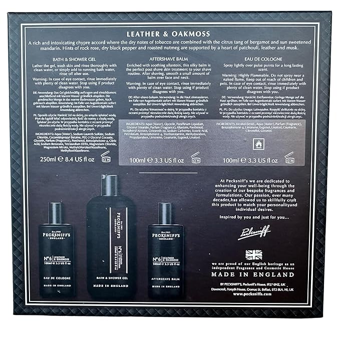 Pecksniff's Fragrance Gift Sets Luxurious Handcrafted in England (Men's Leather &amp Oakmoss: Eau de Cologne 3-in-1 Bath &amp Shower Gel After Shave Balm)