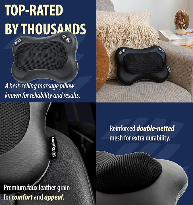 Zyllion Shiatsu Back and Neck Massager with Heat - Cordless Rechargeable 3D Electric Kneading Deep Tissue Massage Pillow with 2 Speeds for Muscle Pain Relief Black ZMA-34RB