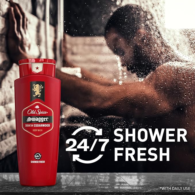 Old Spice Refreshing Body Wash for Men 3X Defense 24/7 Shower Fresh with Long Lasting Scent Red Collection Swagger with Cedarwood Scent 16 oz (Pack of 4)