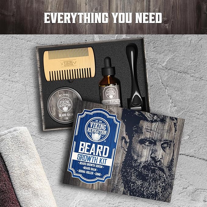 Beard Growth Kit - Oil Balm Serum Derma Roller &amp Wooden Comb for Beard &amp Mustache Growth