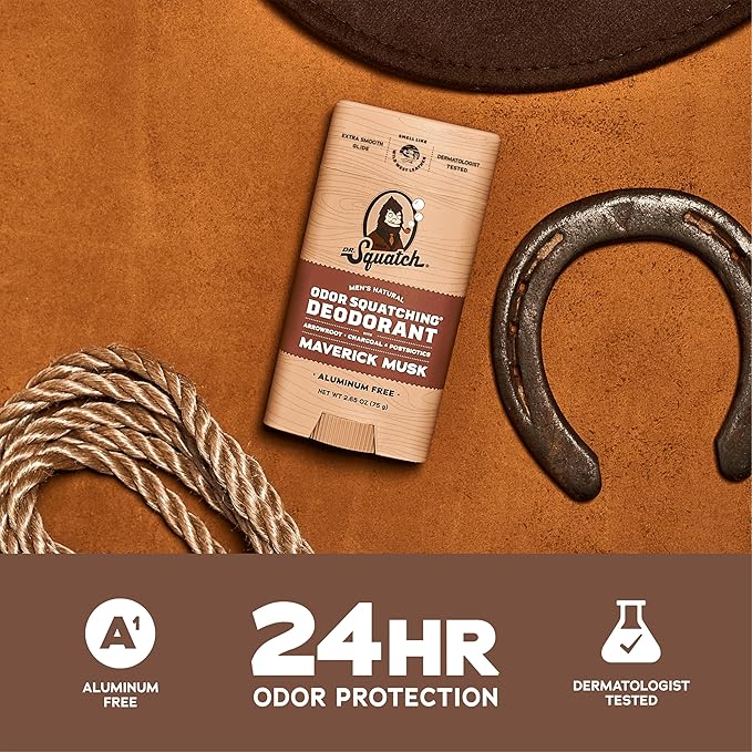 Dr. Squatch Natural Men’s Deodorant – Aluminum Free Natural Deodorant Men with Charcoal &amp Postbiotics for 72-Hour Odor Protection – Maverick Musk 2.65oz Stick (3-Pack)