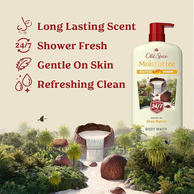 Old Spice Cleansing Body Wash for Men 24/7 Shower Fresh with Lasting Scent Restore &amp Renew Gentle on Skin Vitamin B3 Moisturize with Shea Butter Scent 30 oz (Pack of 4)