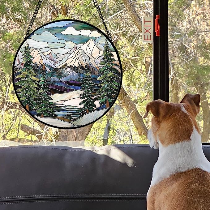 Stained Glass Window Hanging Green Trees Abstract Snow Mountain Suncatcher for Doors Window Home Landscape Sun Catchers Decor Mother's Day Birthday Gifts for Women Men Mom 9.8 in