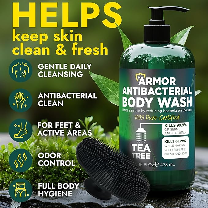 Antibacterial Body Wash with Tea Tree Oil | Antibacterial Soap for Men &amp Women | Kills 99.9% of Germs &amp Bacteria | Helps with Back Acne Body Odor &amp Skin Irritation | Includes Scrubber 16