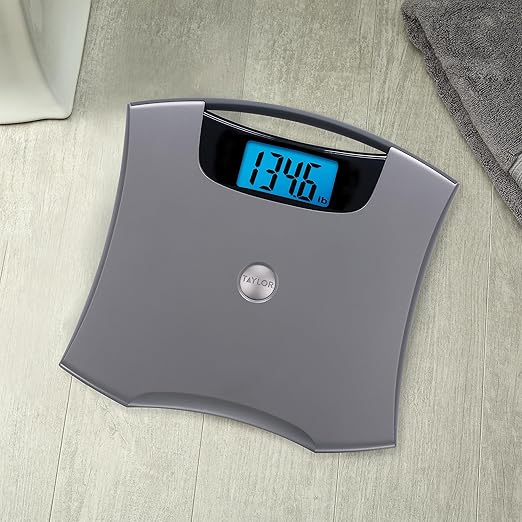 Taylor Digital Scales for Body Weight Extra High 440 LB Capacity Built in Handle Jumbo Blue Readout Durable Platform 13.0 x 12.0 Inches Silver Metallic