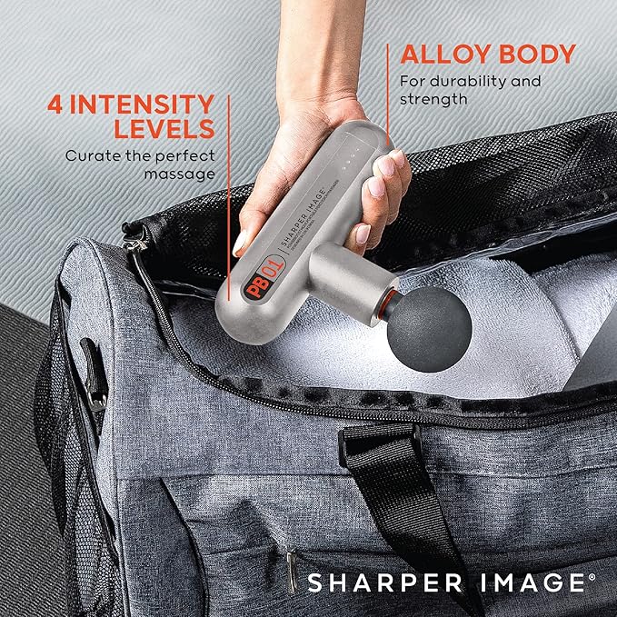Sharper Image Powerboost Move - Mini Percussion Massage Gun| 4 Attachments 4 Speeds FSA Eligible| Full Body Back &amp Shoulder Massager| Deep Tissue Muscle Recovery| Portable Pain Relief Massage To