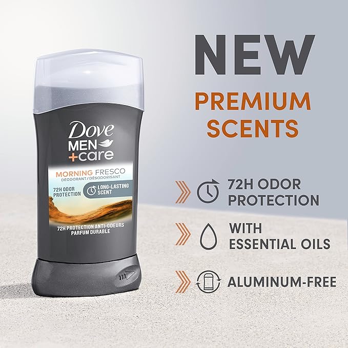DOVE MEN + CARE Deodorant Stick For Men Morning Fresco Aluminum Free 72-Hour Odor Protection Mens Deodorant With Essential Oils &amp 1/4 Moisturizing Cream 3 Ounce (Pack of 3)