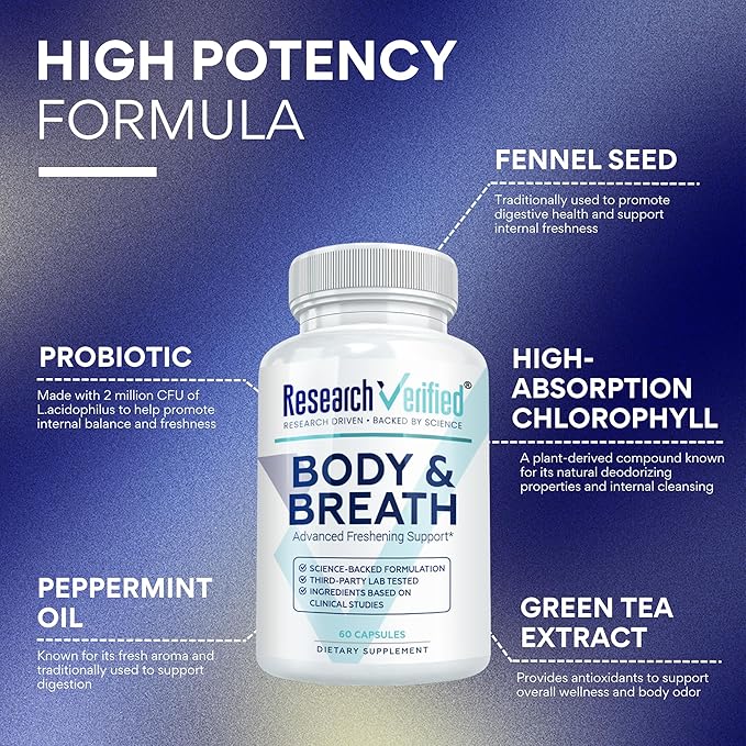 Research Verified Body &amp Breath Natural Deodorant &amp Freshener - Bad Breath &amp Body Odor Supplement - 60 Count (3 Months Supply)
