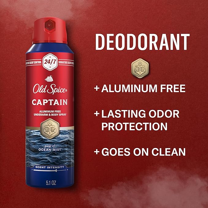 Old Spice Aluminum Free Body Spray for Men 24/7 Signature Scent &amp Lasting Freshness All-Day Odor Protection Easy Application Captain with Bergamot Sea Air &amp Driftwood Scent 5.1 oz (Pack
