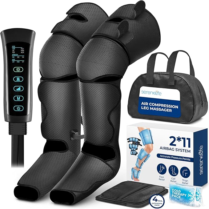 SereneLife Air Compression Knee Massager for Pain Relief and Therapy Knee Elbow Shoulder Brace Wrap with 4 Vibration 2 Heating Modes 4 Airbags Smart LED Controller Ice Pack for Cold Massage