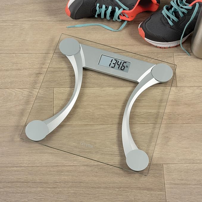 Taylor 400 Lb. Capacity Clear Glass Digital Bathroom Scale with Metallic Accents 11.8-inch x 11.8-inch Platform Silver
