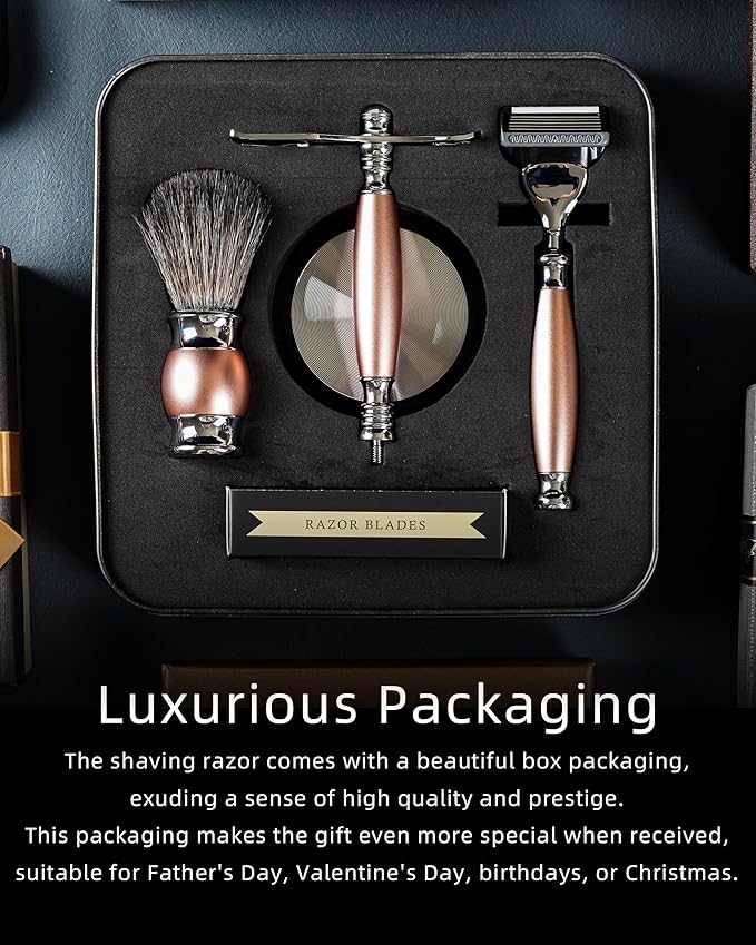 FREED Customized gifts Engraving Luxury Men's 5-Blade Razor set Aluminum Alloy Material incloud 4 Bladesrazor standrazor brushIt's the best gift for men (Champagne gold)