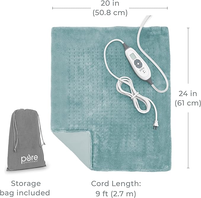 Pure Enrichment PureRelief Ultra-Wide Microplush Heating Pad - 20” x 24” XXL Size &amp 6 Heat Settings for Temporary Neck Shoulder &amp Back Pain Relief - Moist Heat Option &amp Machine Washable (