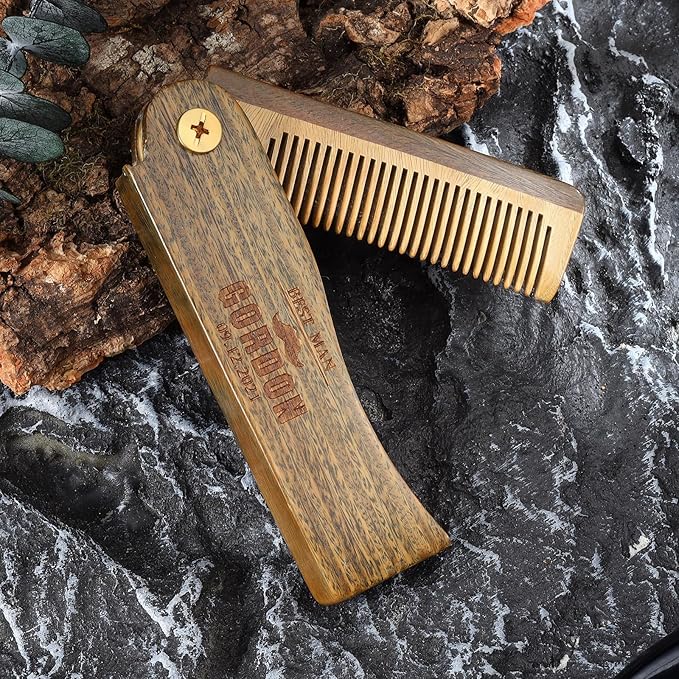 Wooden Beard Comb for Men Wooden Combs with the Engraving Folding Pocket Comb for Moustache Beard &amp Hair (Wood One)