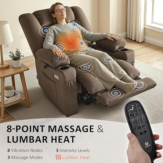 MCombo Oversized Power Recliner Chair for Adults Zero Gravity Recliner with Heating and Vibration Massage USB &amp Type C Ports Cup Holders for Living Room PR671(Dark Brown Oversized)