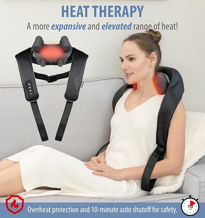 Zyllion Cordless Neck and Shoulder Massager with Heat - 4D Rechargeable Electric Shiatsu Kneading Deep Tissue Massage for Back and Muscle Pain Relief Black ZMA-36