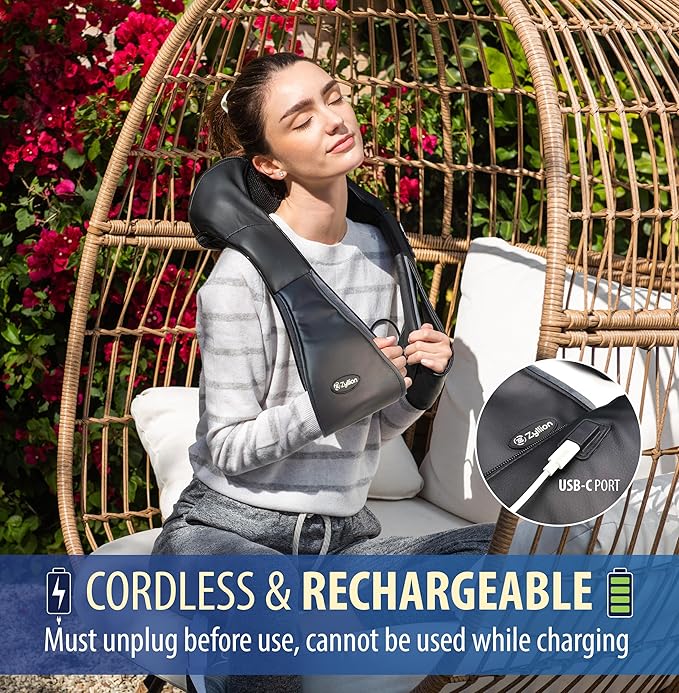 Zyllion Shiatsu Neck and Back Massager with Heat - Cordless Rechargeable 3D Electric Kneading Deep Tissue Massage for Muscle Pain Relief Black ZMA-28RB