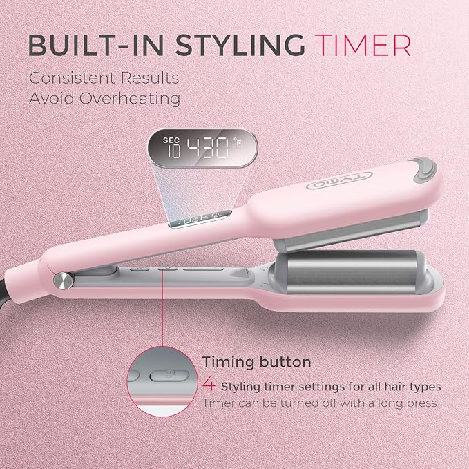 Curling Iron Hair Crimper Waver - TYMO ROVY Beach Waves Curling Wand Ionic Deep Waver Hair Curler Tool with Ceramic 3 Barrel for Women Dual Voltage Anti-Scald Easy to Use Pink 1 Inch (Pack of 2)