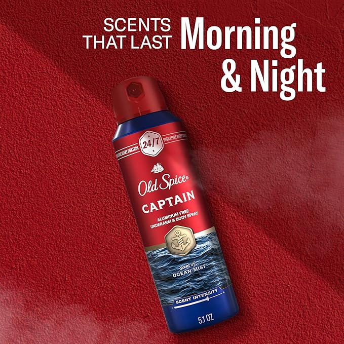 Old Spice Aluminum Free Body Spray for Men 24/7 Signature Scent &amp Lasting Freshness All-Day Odor Protection Easy Application Captain with Bergamot Sea Air &amp Driftwood Scent 5.1 oz (Pack