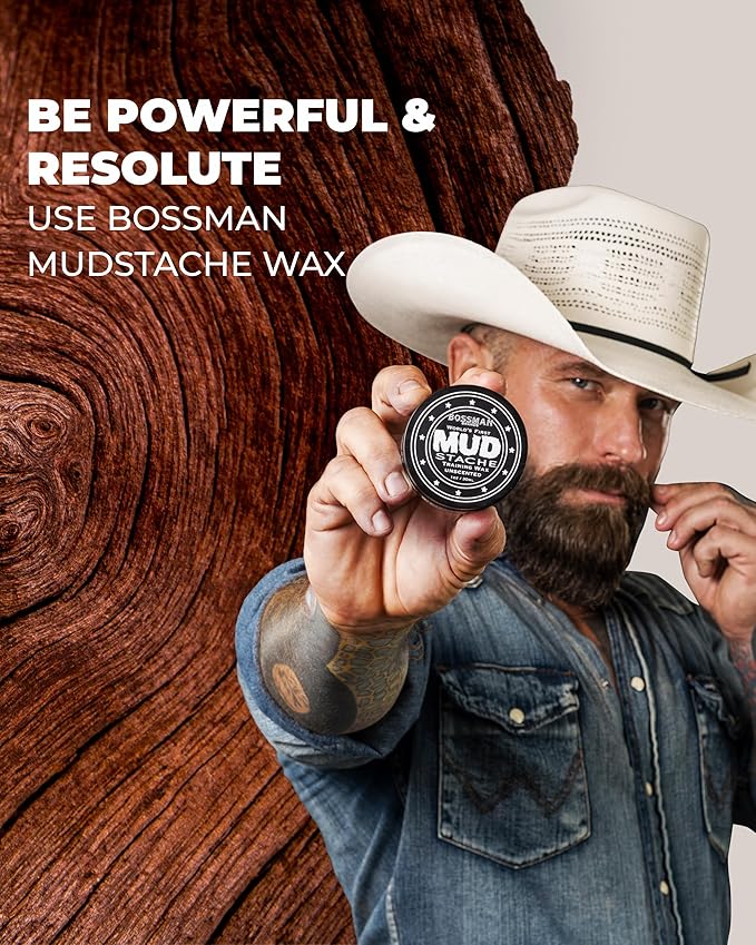 Bossman Sandalwood Comb + 2 Pack MUDstache Mustache Wax Bundle – Wide Tooth Comb for Beard with Strong 24-Hours Hold Taming &amp Styling Wax
