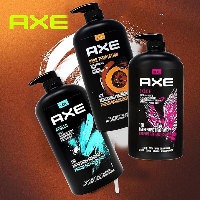 Axe Men's Body Wash Variety Set Set of 3 Scents Axe Dark Temptation Apollo and Excite Body Wash 3in1 Body and Face Wash in Pump Bottle 33.8 Ounce Each