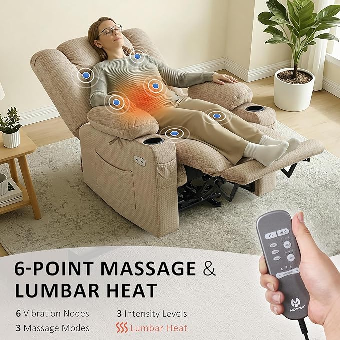 MCombo Recliner Chair for Adults Zero Gravity Recliner with Massage and Heat USB &amp Type C Ports Cup Holders for Living Room 6079(Beige)