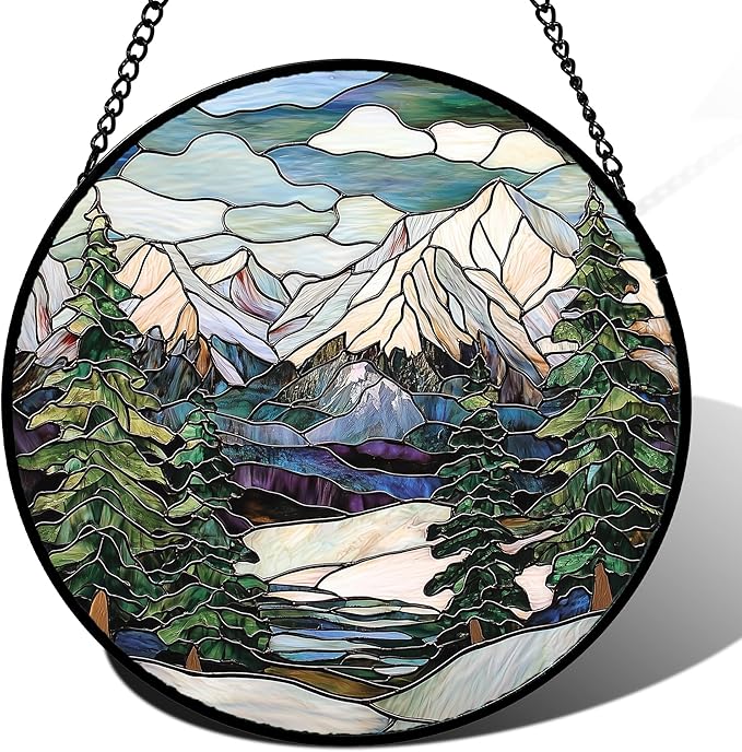 Stained Glass Window Hanging Green Trees Abstract Snow Mountain Suncatcher for Doors Window Home Landscape Sun Catchers Decor Mother's Day Birthday Gifts for Women Men Mom 9.8 in