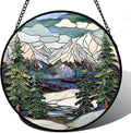 Stained Glass Window Hanging Green Trees Abstract Snow Mountain Suncatcher for Doors Window Home Landscape Sun Catchers Decor Mother's Day Birthday Gifts for Women Men Mom 9.8 in
