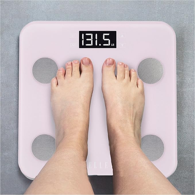 ELLE Digital Body Analysis Scale with BMI Body Fat Hydration Muscle Mass Bone Mass Calories and Weight Tracking Purple LCD Display Tempered Glass 400 lbs Capacity