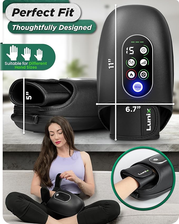 Lunix LX31 FSA Rolling Hand Massager Heat + Compression + Kneading Smart Memory Cordless Rechargeable Charcoal Black