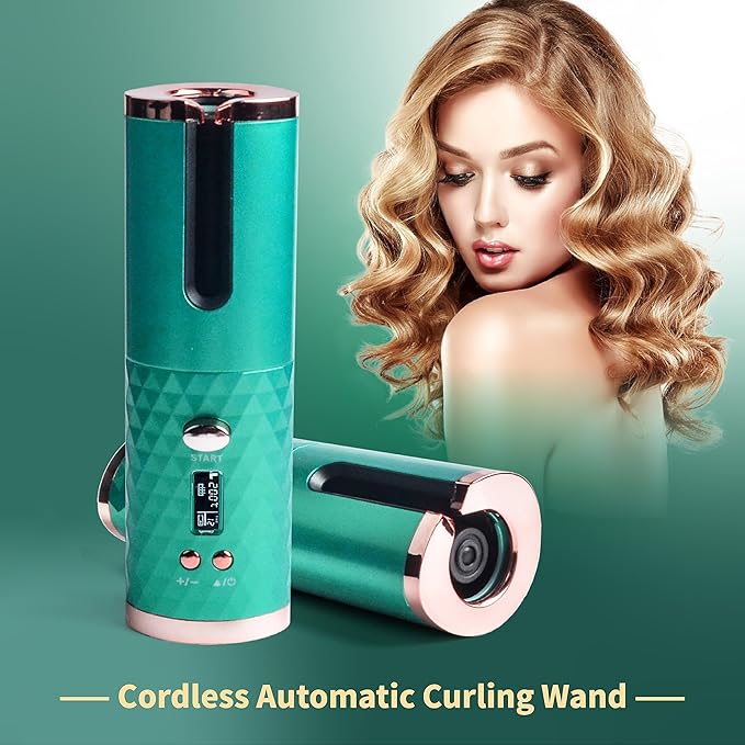 Automatic Curling Iron Hair Curling Iron for Hair Styling Cordless Auto Hair Curler with 6 Temps and Timers Auto Shut-Off Fast Heating Rechargeable Cordless Hair Curler 1 (Green) (Green)