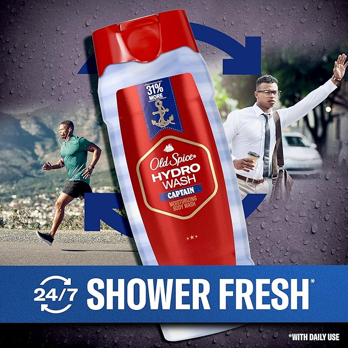 Old Spice Moisturizing Body Wash for Men Hydro Wash 2-in-1 Long Lasting Scent &amp Deep Hydration 24/7 Shower Fresh Captain Scent 21 oz (Pack of 4)