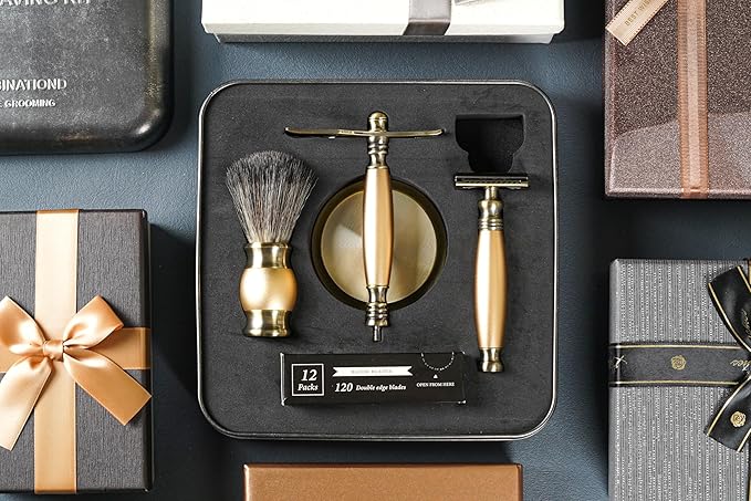 FREED Bronze Series Custom Laser-Engraved Double-Edged Safety Razor Aluminum Alloy Material Includes 120 Bladesit's the best gift for menfathers or birthdays (Bronze Gold)