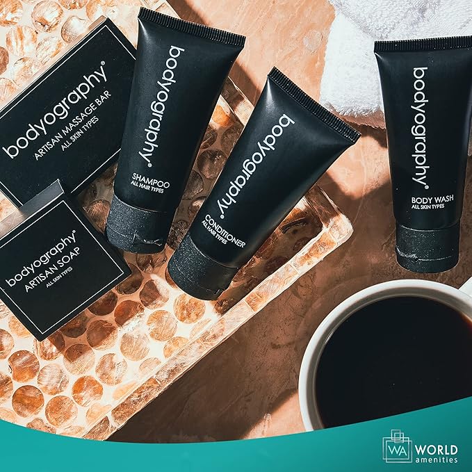World Amenities - Bodyography - Bulk Body Wash | 50 Count 1.4oz | Lavender Peppermint Mini Travel Size Toiletries (100% Recyclable Tube with Flip Top Cap) Hotel Amenities.