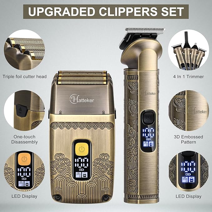 Hatteker Professional Hair Clipper Electric Razor Foil Shavers for Men Body Nose Ear Hair Grooming Kit with Triple Blades Cordless Waterproof