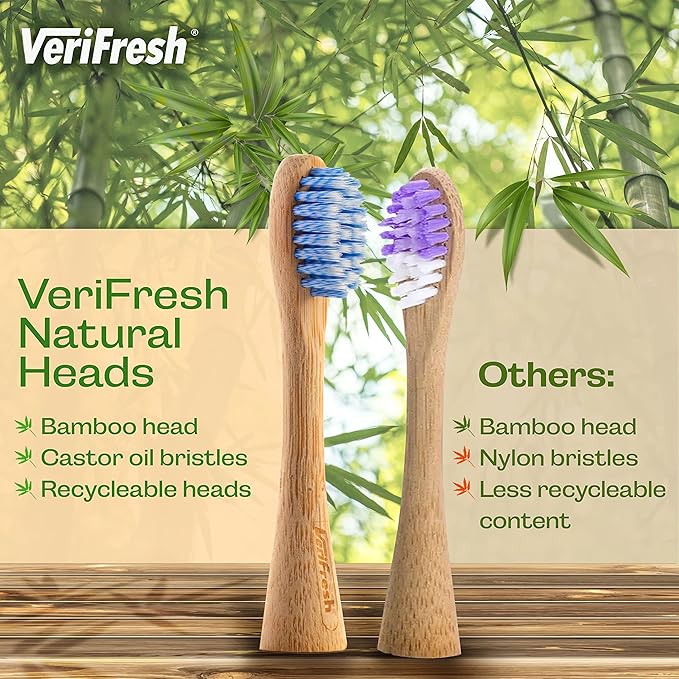 Sonic Bamboo Toothbrush - Biodegradeable Bamboo Heads with Castor Oil bristles - Includes 2 Brush Heads