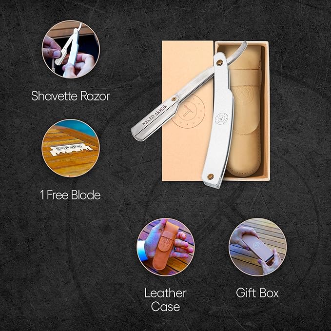 Best Shavette Straight Razor - Replaceable Blade Straight Razor Metal Handle Shavette No Stropping or Honing Great For Beginners Starter Blade Hygienic Close Shave Leather Case (Silver)