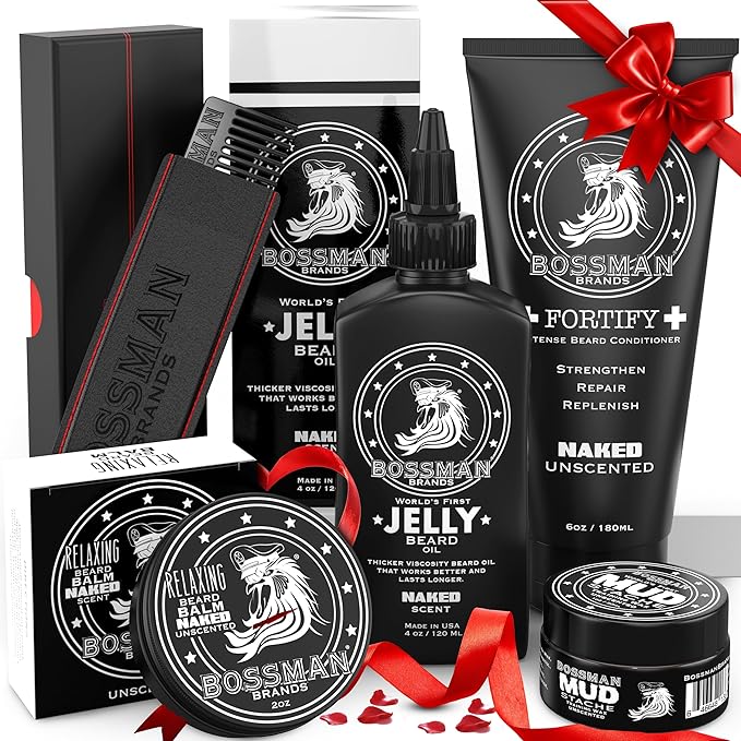 Bossman Complete Beard Kit – Men's Beard Oil Jelly Fortifying Shower Conditioner Balm Mustache Wax &amp Comb – Beard Softener &amp Grooming Care – Men Gift Set (Naked Unscented)