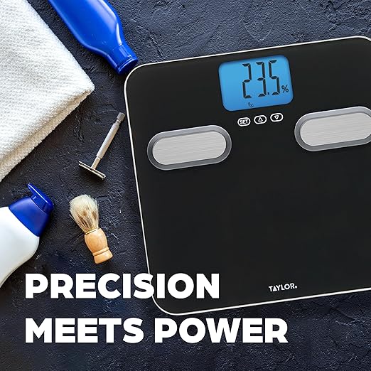 Taylor Men's Body Composition Bathroom Scale for Body Weight - 400 lb Capacity Blue Backlight Display 10-User Profiles Body Composition Analysis Fits Up to Size 12 Shoe Black