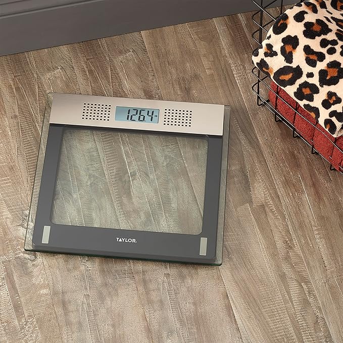 Taylor Talking Bathroom Scale for Seniors 440 lb Capacity Glass Digital Body Weight Scale with Loud Voice Readout Gray