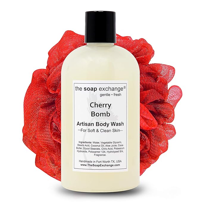 The Soap Exchange Body Wash - Cherry Bomb Scent - Hand Crafted 12 fl oz / 354 ml Natural Artisan Liquid Soap for Hand Face &amp Body Shower Gel Cleanse Moisturize &amp Protect. Made in the USA.