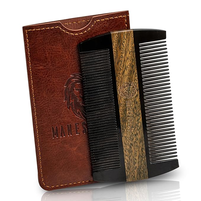 Premium Natural Ox horn and Sandalwood Beard Comb Dual-Action | Double Sided Beard &amp Mustache Comb with Brown Protective Case | Perfect Grooming Companion &amp Gift for Men – by Man &amp Mane