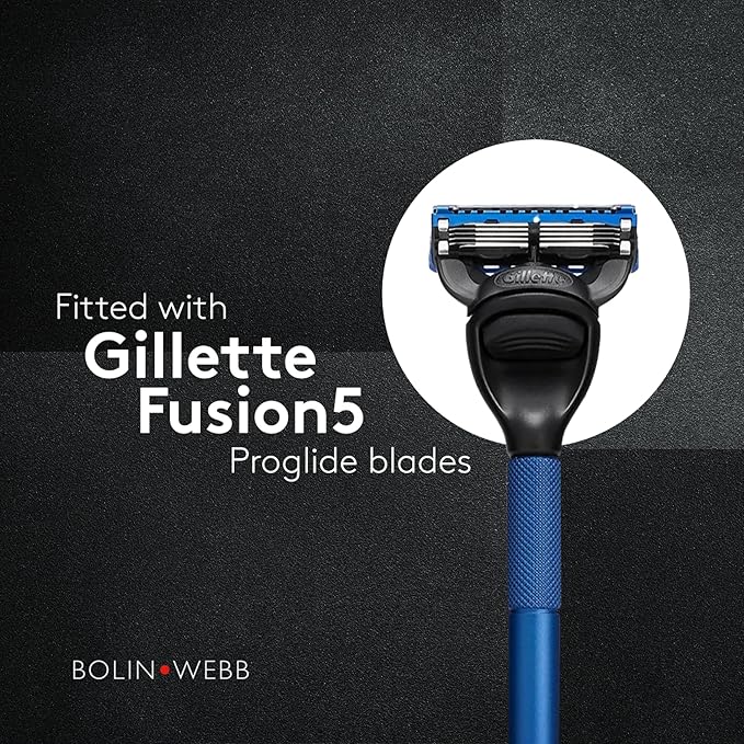 Bolin Webb Generation Razor &amp Stand - Luxury Razors for Men with Gillette Fusion 5 Blades Premium Aluminum Shaving Razor for Smooth Irritation-Free Shave Ideal Gift &amp Daily Grooming Set (Bl