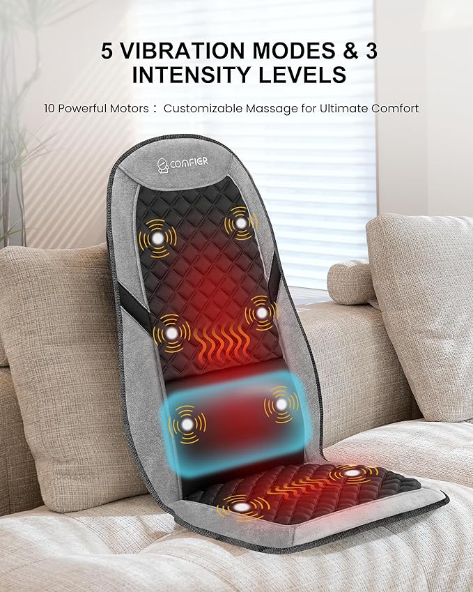 COMFIER Back Massager with HeatMassage Chair PadMassage Seat Cushion with Adjustable Lumbar SupportBack Massage for Pain ReliefChair Massager for ReclinerGifts for Women Men Mom Dad